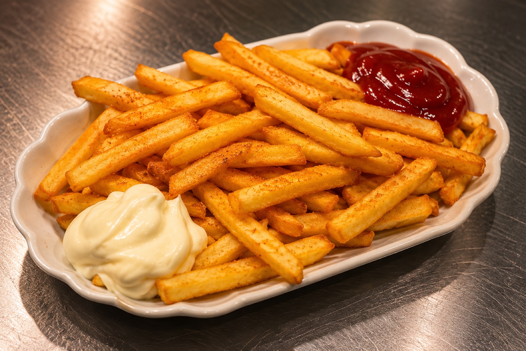 Frische Fritten mit Mayo und Ketchup